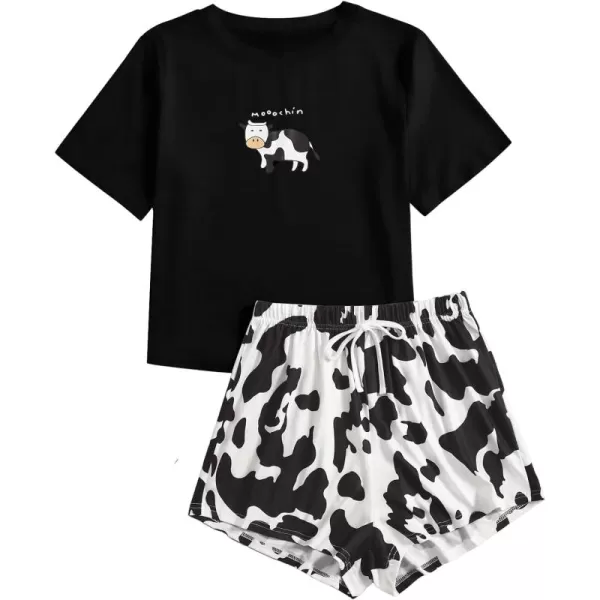 WDIRARA Women's Cartoon Cow Print Short Sleeve Tee and Shorts Pajama Set
