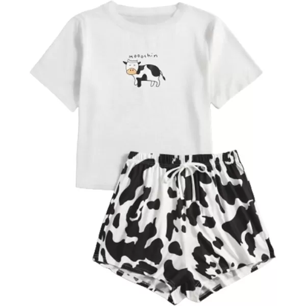 WDIRARA Women's Cartoon Cow Print Short Sleeve Tee and Shorts Pajama Set