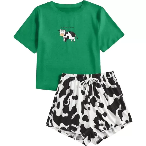 WDIRARA Women's Cartoon Cow Print Short Sleeve Tee and Shorts Pajama Set