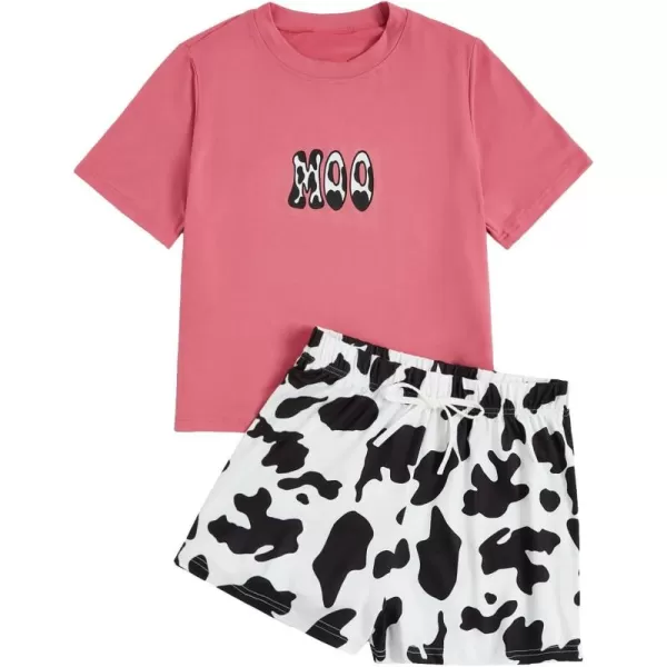 WDIRARA Women's Cartoon Cow Print Short Sleeve Tee and Shorts Pajama Set
