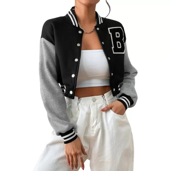WDIRARA Women's Casual Button Down Letter Patched Color Block Crop Varsity Jacket Outerwear