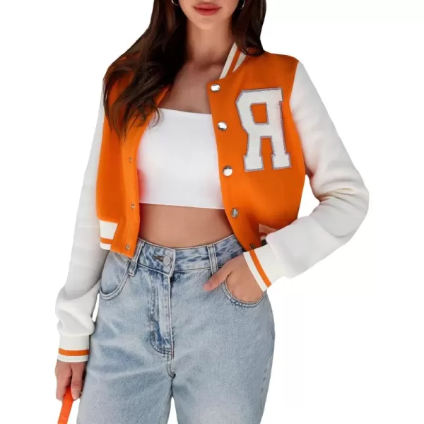 WDIRARA Women's Casual Button Down Letter Patched Color Block Crop Varsity Jacket Outerwear