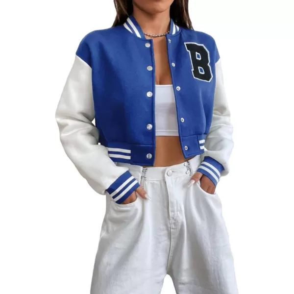 WDIRARA Women's Casual Button Down Letter Patched Color Block Crop Varsity Jacket Outerwear