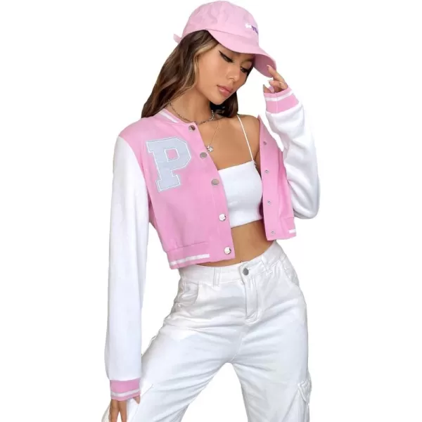 WDIRARA Women's Casual Button Down Letter Patched Color Block Crop Varsity Jacket Outerwear