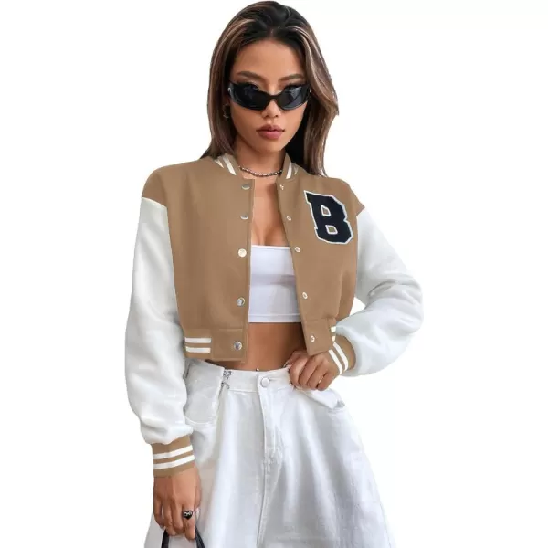 WDIRARA Women's Casual Button Down Letter Patched Color Block Crop Varsity Jacket Outerwear