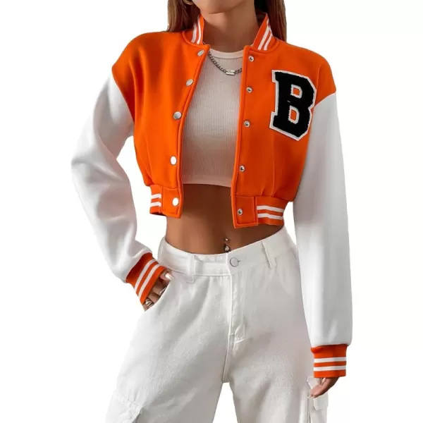 WDIRARA Women's Casual Button Down Letter Patched Color Block Crop Varsity Jacket Outerwear