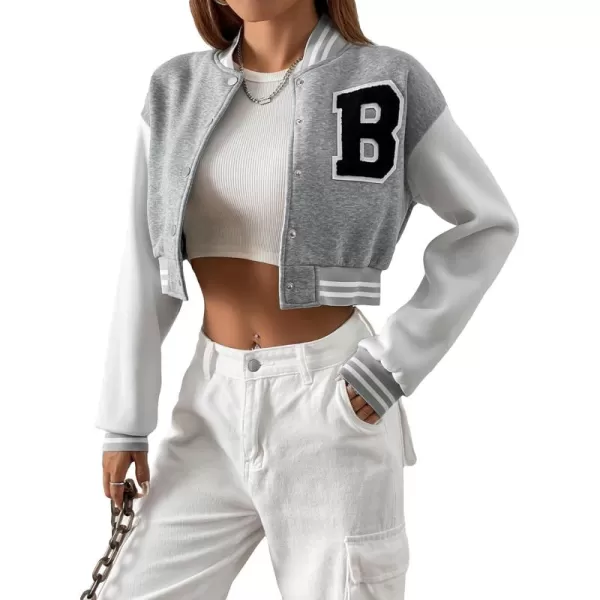 WDIRARA Women's Casual Button Down Letter Patched Color Block Crop Varsity Jacket Outerwear