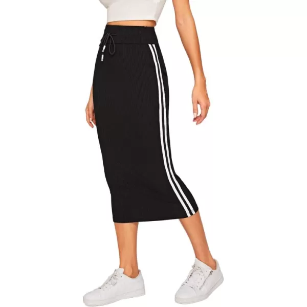 WDIRARA Women's Casual Drawstring Waist Split Back Solid Midii Skirt