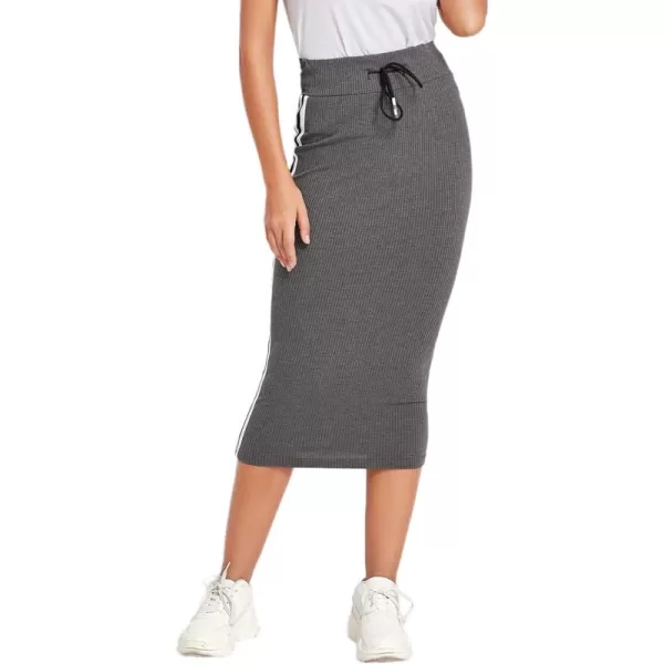 WDIRARA Women's Casual Drawstring Waist Split Back Solid Midii Skirt