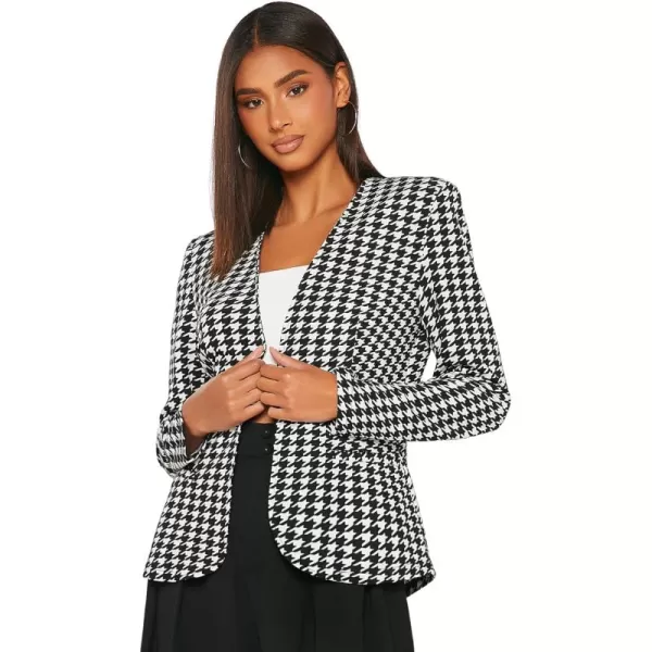 WDIRARA Women's Casual Open Front Houndstooth Print Long Sleeve Blazer Jacket Coats