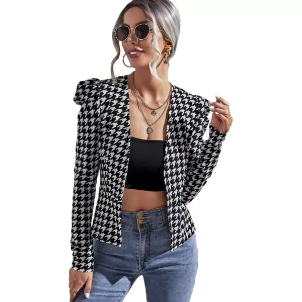WDIRARA Women's Casual Open Front Houndstooth Print Long Sleeve Blazer Jacket Coats