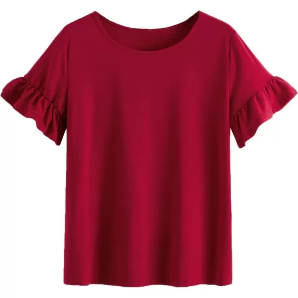 WDIRARA Women's Casual Ruffle Sleeve Round Neck Solid Tee Shirt