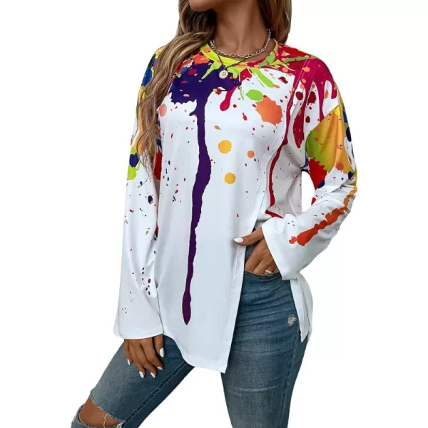 WDIRARA Women's Causal Long Sleeve Crewneck Colorful Ink Print Graphic Split Hem Tops T Shirt