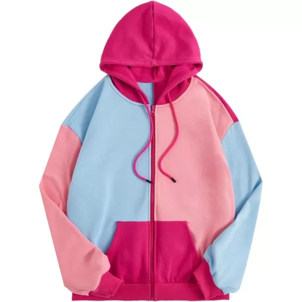 WDIRARA Women's Color Block Zip Front Drawstring Long Sleeve Hoodie Pocket Sweatshirt