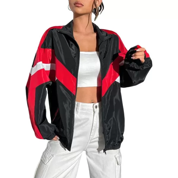 WDIRARA Women's Color Block Zipper Front Long Sleeve Sporty Windbreaker Jacket