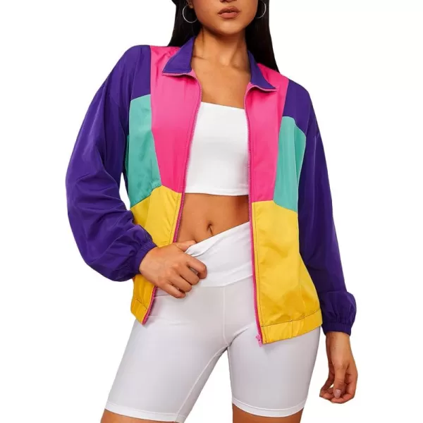WDIRARA Women's Color Block Zipper Front Long Sleeve Sporty Windbreaker Jacket
