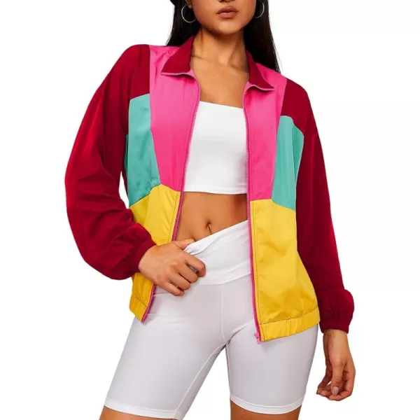 WDIRARA Women's Color Block Zipper Front Long Sleeve Sporty Windbreaker Jacket