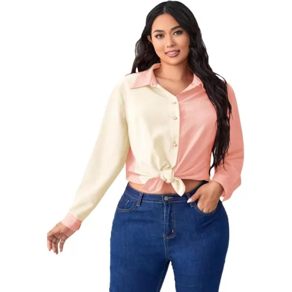 WDIRARA Women's Colorblock Button Up Shirt Collared Long Sleeve Blouse Top