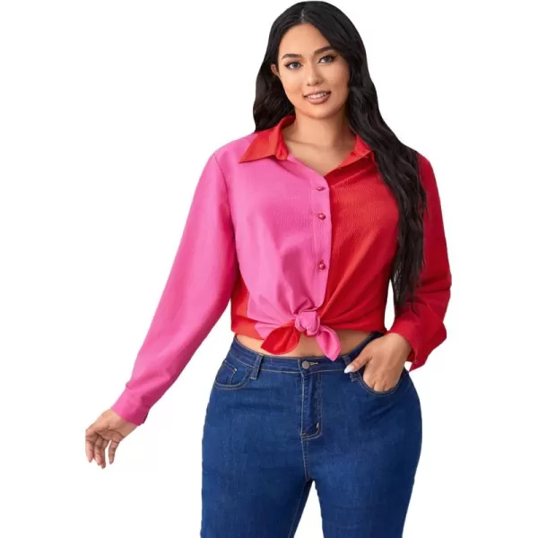 WDIRARA Women's Colorblock Button Up Shirt Collared Long Sleeve Blouse Top