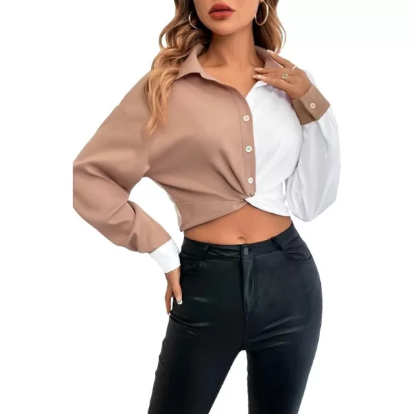 WDIRARA Women's Colorblock Button Up Shirt Collared Long Sleeve Blouse Top
