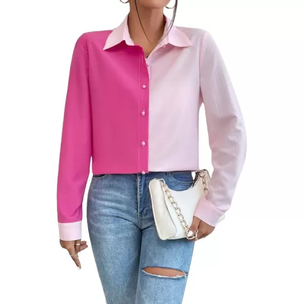 WDIRARA Women's Colorblock Button Up Shirt Collared Long Sleeve Blouse Top