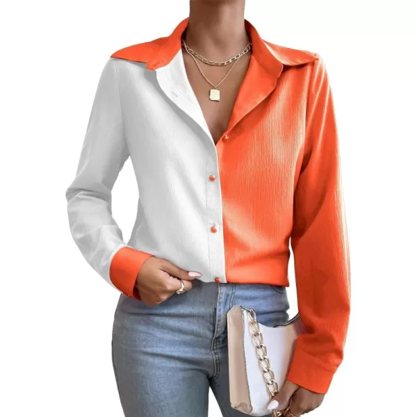 WDIRARA Women's Colorblock Button Up Shirt Collared Long Sleeve Blouse Top