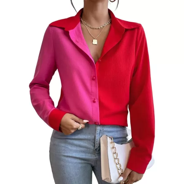 WDIRARA Women's Colorblock Button Up Shirt Collared Long Sleeve Blouse Top