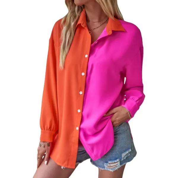 WDIRARA Women's Colorblock Button Up Shirt Collared Long Sleeve Blouse Top