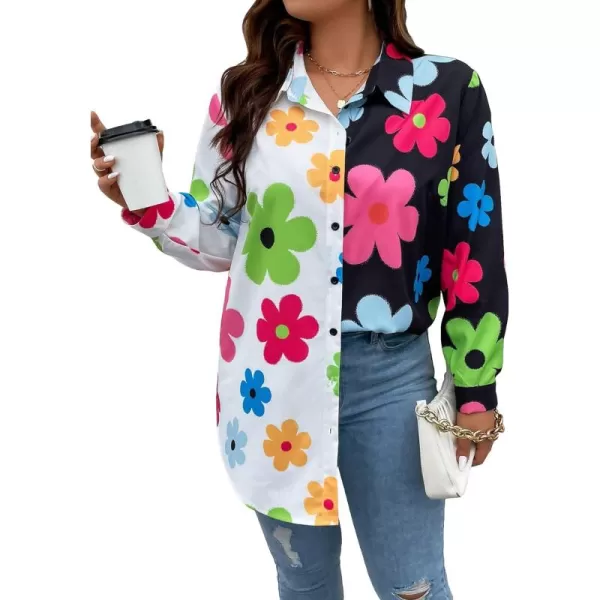 WDIRARA Women's Colorblock Button Up Shirt Collared Long Sleeve Blouse Top