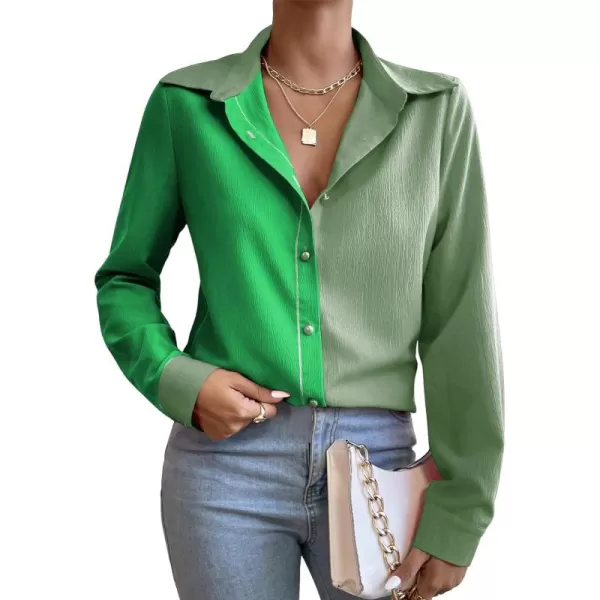 WDIRARA Women's Colorblock Button Up Shirt Collared Long Sleeve Blouse Top