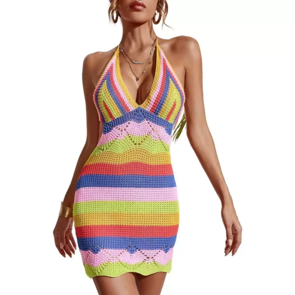 WDIRARA Women's Colorblock Halter Neck Backless Halter Cover Up Knitted Bodycon Mini Dress