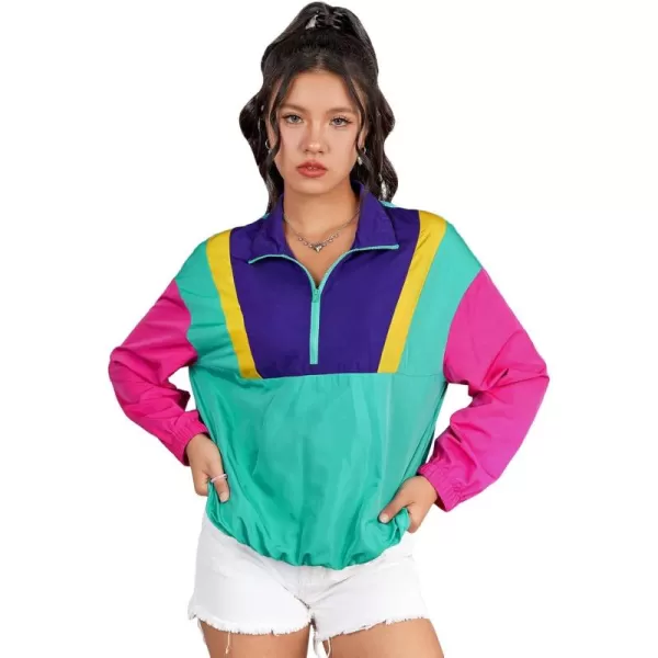WDIRARA Women's Colorblock Patchwork Half Zip Up Sweatshirt Long Sleeve Lightweight 80s 90s Pullover Sweatshirt