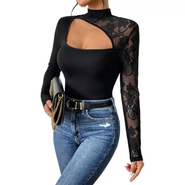 WDIRARA Women's Contrast Lace Cut Out Top See Through Sexy Mock Neck Long Sleeve Slim Top