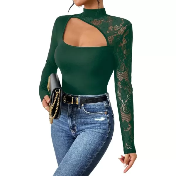 WDIRARA Women's Contrast Lace Cut Out Top See Through Sexy Mock Neck Long Sleeve Slim Top