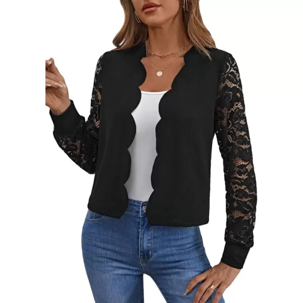 WDIRARA Women's Contrast Lace Scallop Trim Open Front Long Sleeve Knitted Jacket