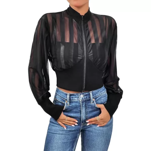 WDIRARA Women's Contrast Mesh Zip Up Bomber Jacket Lantern Long Sleeve Baseball Collar Outwear Crop Jacket