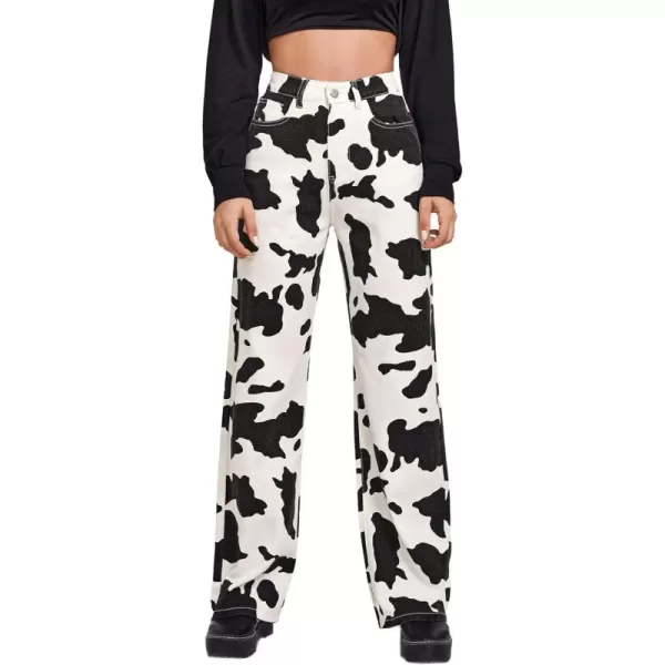 WDIRARA Women's Cow Print High Waist Wide Leg Jeans Casual Long Denim Pants