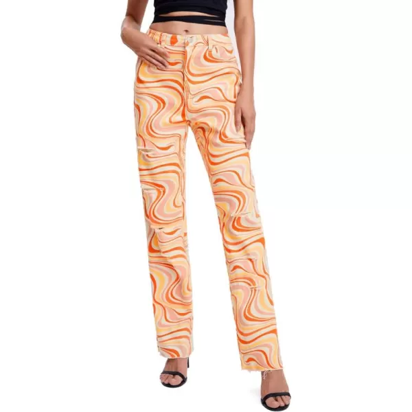 WDIRARA Women's Cow Print Ripped Jeans High Waisted Button Skinny Denim Pants