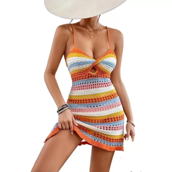 WDIRARA Women's Crochet Bathing Suit Cover Ups Colorblock Stripe Twist Front Cut Out Knit Boho Cami Dress