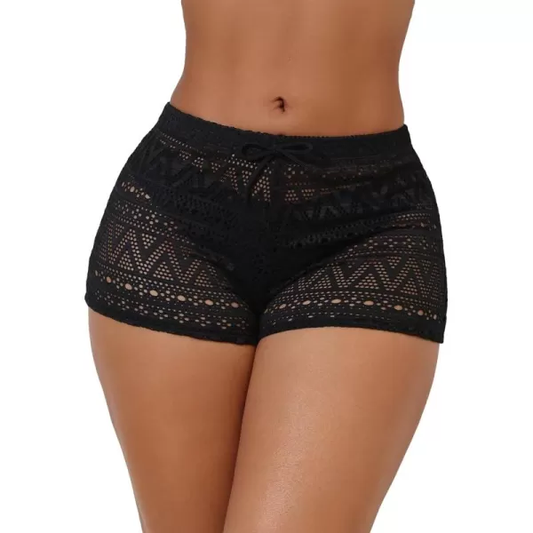 WDIRARA Women's Crochet Shorts Cover Up Hollow Out Drawstring Waist Tie Front Beachwear Beach Shorts
