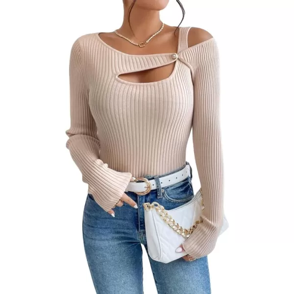 WDIRARA Women's Cut Out Asymmetrical Neck Long Sleeve Ribbed Knit Sweater Slim Fit Tops