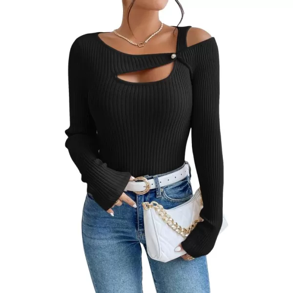 WDIRARA Women's Cut Out Asymmetrical Neck Long Sleeve Ribbed Knit Sweater Slim Fit Tops