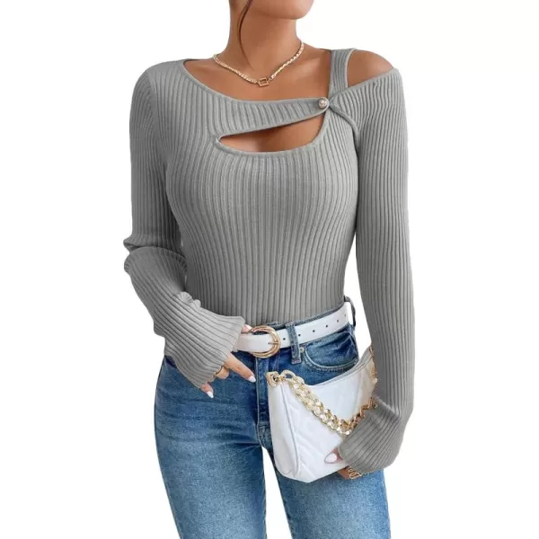 WDIRARA Women's Cut Out Asymmetrical Neck Long Sleeve Ribbed Knit Sweater Slim Fit Tops