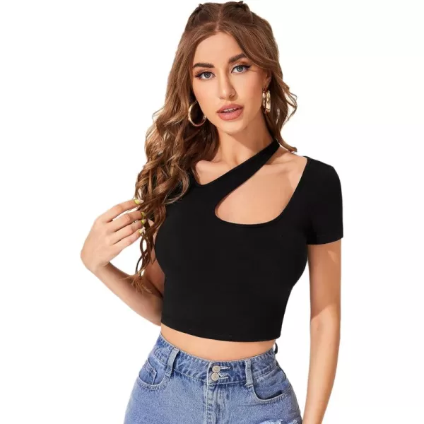 WDIRARA Women's Cut Out Asymmetrical Neck Short Sleeve Crop Tee Slim Fit Top