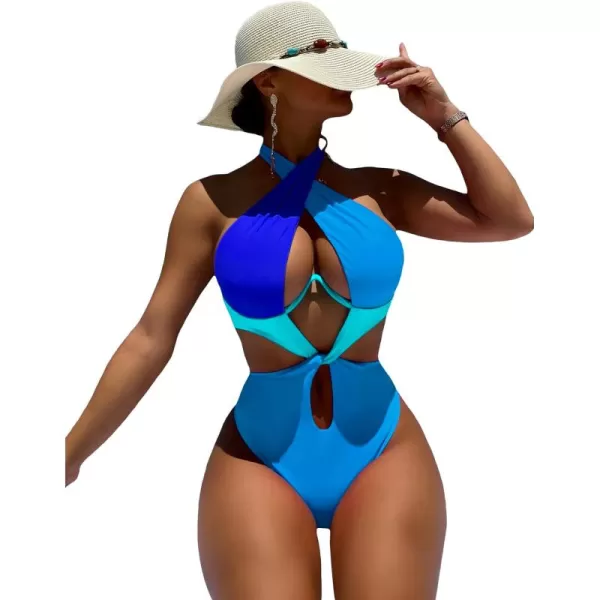 WDIRARA Women's Cut Out Criss Cross Colorblock Underwire Halter One Piece Swimsuit
