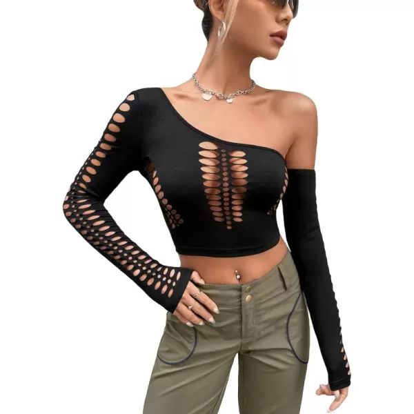 WDIRARA Women's Cut Out Long Sleeve Round Neck Crop Top Slim T Shirt