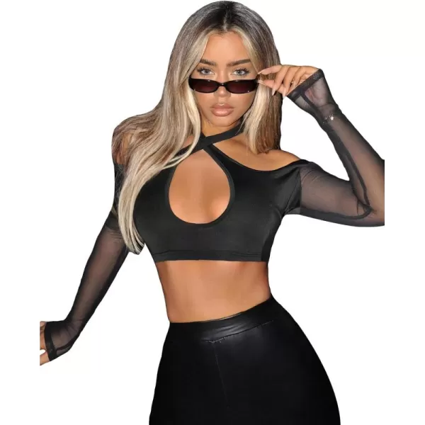 WDIRARA Women's Cut Out Long Sleeve Round Neck Crop Top Slim T Shirt
