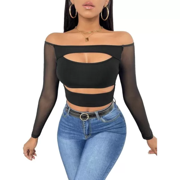 WDIRARA Women's Cut Out Long Sleeve Round Neck Crop Top Slim T Shirt