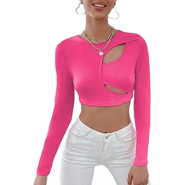 WDIRARA Women's Cut Out Long Sleeve Round Neck Crop Top Slim T Shirt