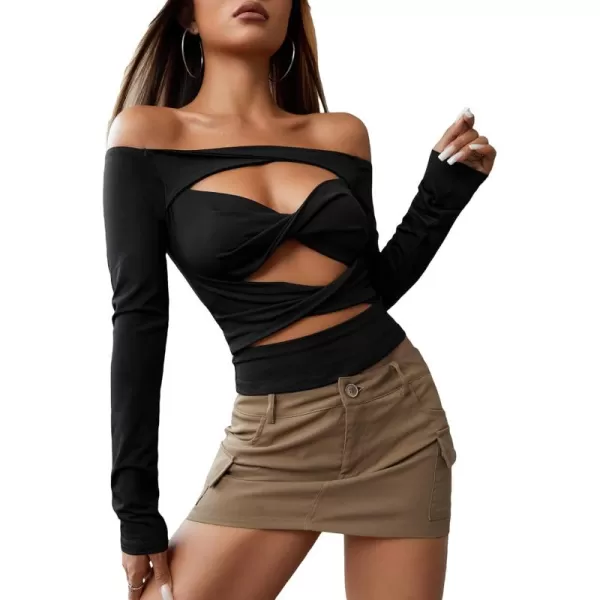WDIRARA Women's Cut Out Long Sleeve Round Neck Crop Top Slim T Shirt